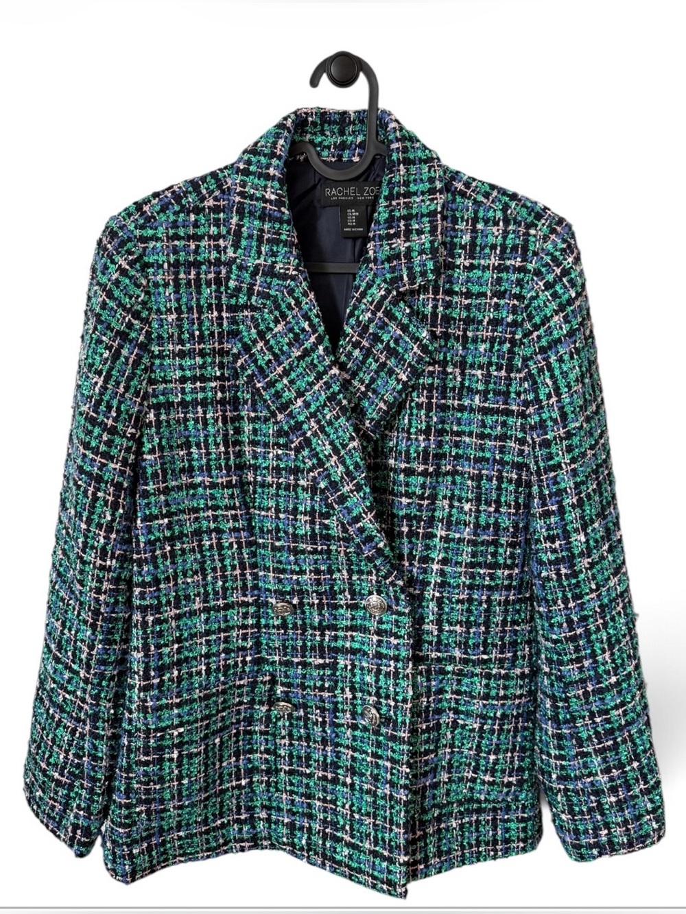 Rachel Zoe Green Metallic Tweed Double Breasted Blazer Jacket Size M